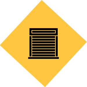 Garage door icon on yellow diamond background.